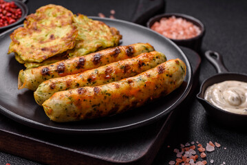 Delicious fresh vegetarian sausage or sausage made from vegetable protein tofu or seitan legumes