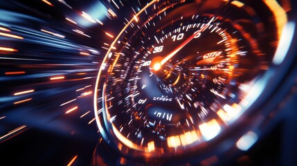 High-Speed Racing Dashboard with Glowing Speedometer - A dynamic view of a racing dashboard featuring a glowing speedometer, capturing the thrill and energy of high-speed motion.