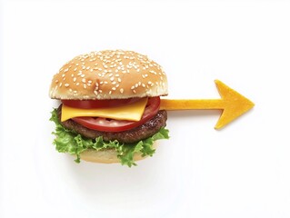 a juicy pointer arrow in the shape of a burger indicates the direction where to buy food on white background
