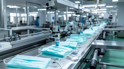 Fototapeta premium Sterile facility producing surgical masks on an automated assembly line