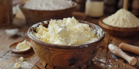 Close-up of flour in wooden bowl on rustic table.