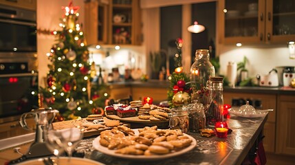 Fototapeta premium Festive holiday kitchen with a variety of baked cookies and a decorated Christmas tree in the background
