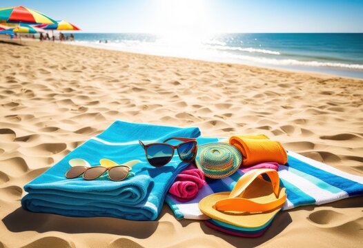 vibrant beach essentials refreshing spring escape colorful stylish trendy swimwear accents, towels, sunglasses, accessories, sunhat, bag, sunscreen, chair
