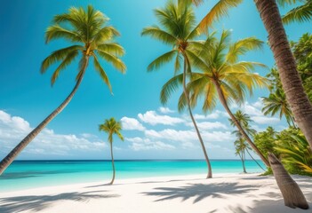 vibrant beachside paradise featuring pristine swaying lush tropical landscape under clear blue skies, waters, palms, colors, ocean, sand, shore, sunlight