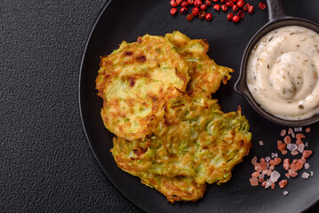 Vegetable zucchini fritters with garlic, salt, spices and herbs