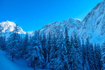 Panoramic view of snow capped mountain peaks of Karawanks mountain range in Bärental valley,...