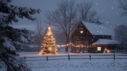 Fototapeta premium Cozy winter cabin with a decorated Christmas tree under falling snow at night