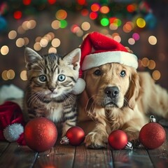 Adorable tabby kitten and puppy in Santa hats surrounded by colorful Christmas ornaments creating a playful and festive ambiance, perfect for spreading holiday cheer and joy.