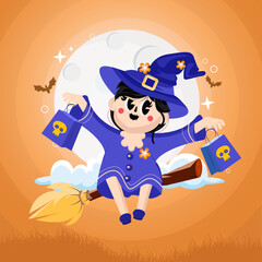 Funny and cute Halloween kids Flat Vector cartoon Illustration character in witch costumes