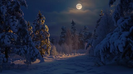 Snow-covered forest path illuminated by the full moon during a winter night