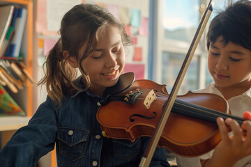 Young musicians playing violins