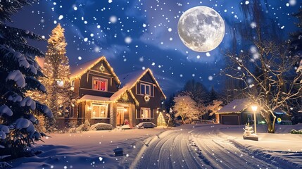 Obraz premium Cozy winter evening outside a beautifully decorated house with snow and a bright full moon