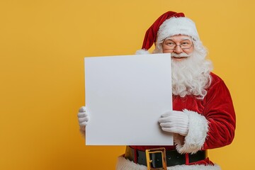Santa Claus cheerfully holds a blank white board against a bright yellow background, providing copy space and a fresh, modern twist to traditional Santa imagery for festive messages.