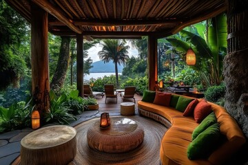 Fototapeta premium Tropical Outdoor Living Space with Lake View - Cozy tropical outdoor living area with wicker furniture, lush greenery, and a serene lake view, perfect for relaxation.