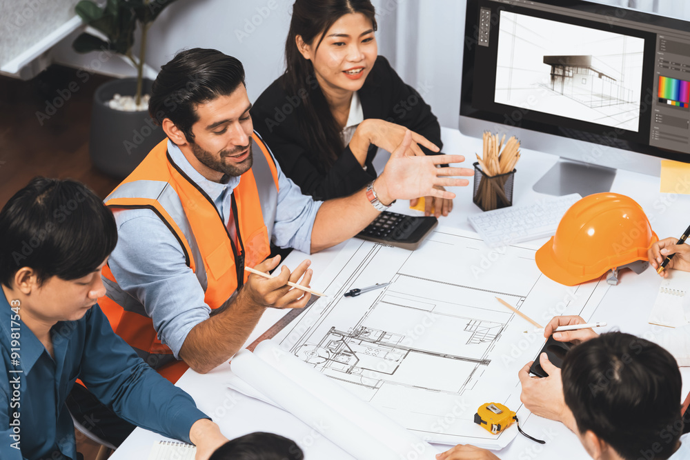 Poster diverse group of civil engineer and client working together on architectural project, reviewing cons