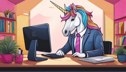 Office Unicorn- An illustrated whimsical scene of a unicorn working at a desk in an office, symbolizing creativity and the magical side of corporate life