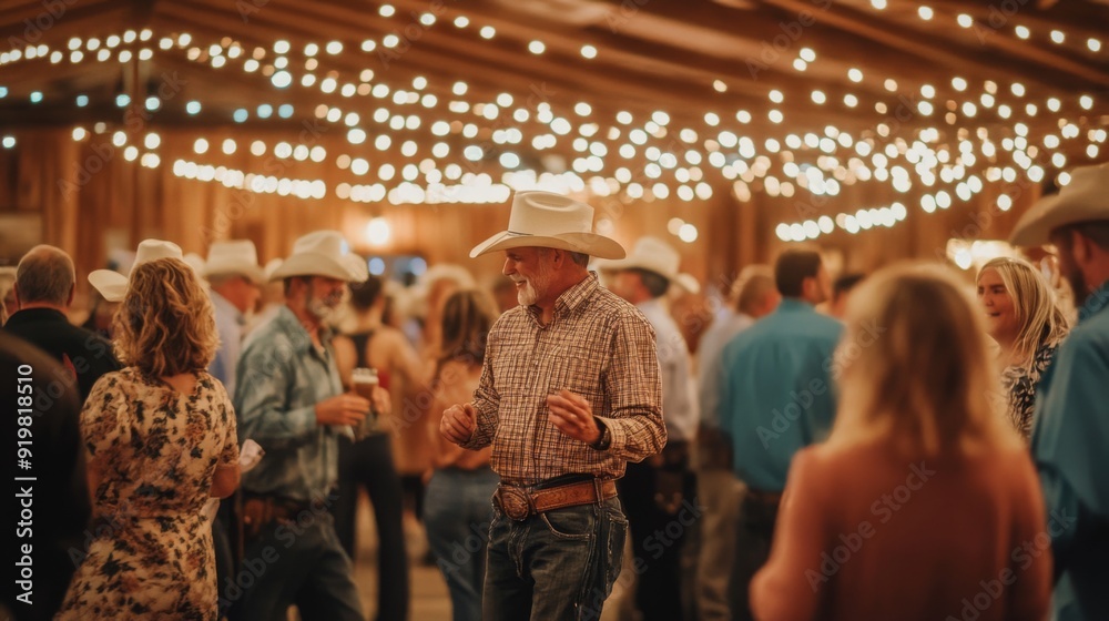 Poster A lively gathering of people dancing and socializing in a rustic barn adorned with hanging string lights.