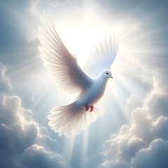 Fototapeta premium A captivating and ethereal image of the Holy Spirit represented as a dove, symbolizing peace, purity, and divine presence. The dove is depicted mid-flight, with its wings gracefully outstretched, surr
