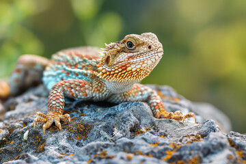 A lizard is sitting on a rock, looking at the camera