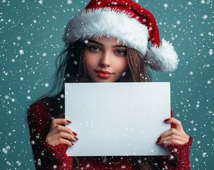 A woman in a Santa hat holds a blank sign in front of her against a snowy backdrop, providing space for a personalized holiday message, with an air of festive elegance and charm.