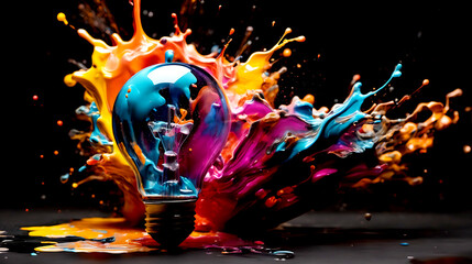 Light bulb explodes with colorful paint and splashes on a black background