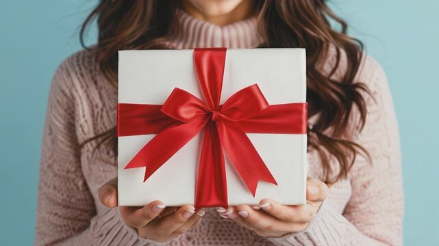 Close-up of hands presenting gift box with red ribbon on vibrant backdrop.