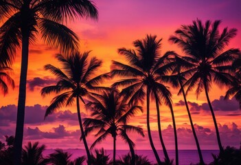 Obraz premium vibrant palm tree silhouettes framed colorful sunset backdrop creating stunning tropical scene, nature, sky, horizon, light, shadow, landscape, summer, beach