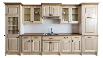 Light wood kitchen cabinets with modern design PNG isolated transparent