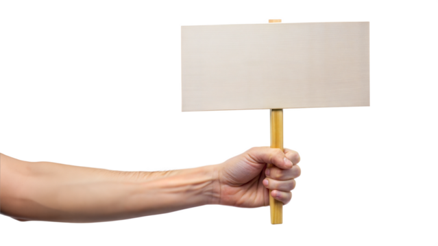 Person holding wooden signboard with empty space PNG isolated transparent
