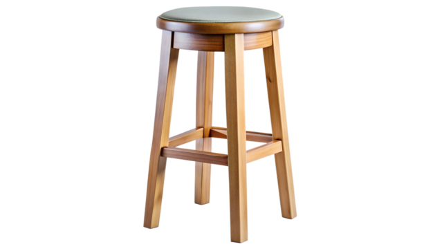 Tall wooden bar stool with green padded seat and wooden legs PNG isolated transparent