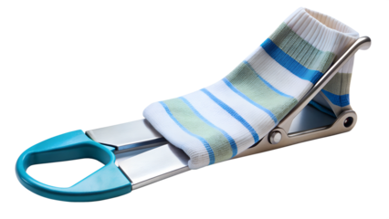 Sock donning tool with striped socks PNG isolated transparent