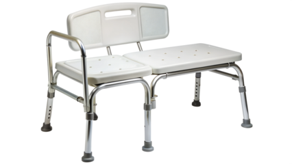Adjustable white transfer bench with backrest and armrest for elderly care PNG isolated transparent