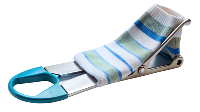 Sock donning tool with striped socks PNG isolated transparent