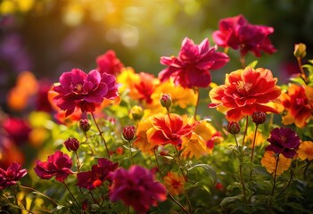 Fototapeta premium close images vibrant blooming flowers illuminated sunlight showcasing rich colors intricate petal details, nature, botanical, flora, blossom, orchid, rose