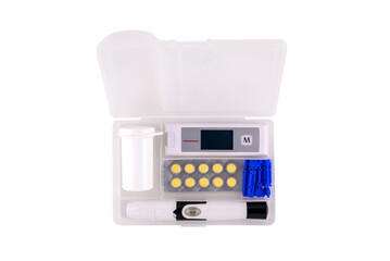 glucometer and lancet device in a plastic box