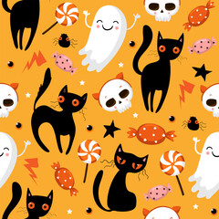 Ghost cat pattern. Spooky halloween kittens faces, horror animals and cute witchcraft cats seamless vector illustration. Halloween seamless cats wallpaper