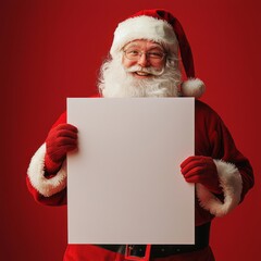 Naklejka premium Santa Claus in his traditional red suit, gloves, and hat, holding a large blank white rectangular vertical sign against a rich red backdrop, ideal for festive messages or promotional content.