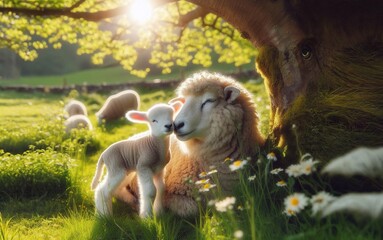 Fototapeta premium A young lamb stands next to a mother sheep in a meadow on a sunny day