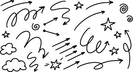 set of hand drawn creative arrows, stars and other elements