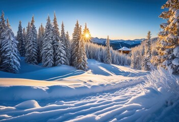 Fototapeta premium stunning winter getaway adventures featuring breathtaking landscapes snow covered frosty serene frozen lakes outdoor enthusiasts, mountain, tree, scenery