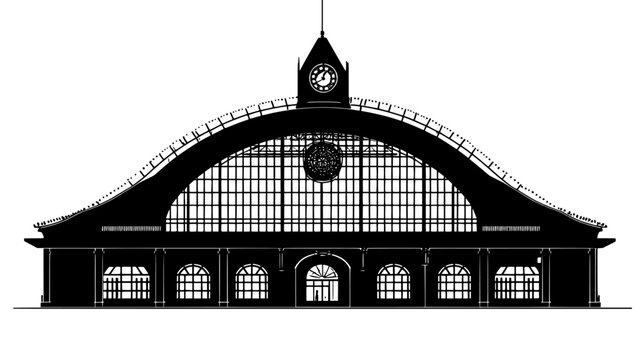 recommend clip art: Central train station with expansive arched roof, large entrance doors, and clock tower at one end, vector illustration art
