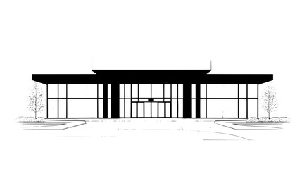 Community center with large glass windows and multiple entrance doors, vector illustration art