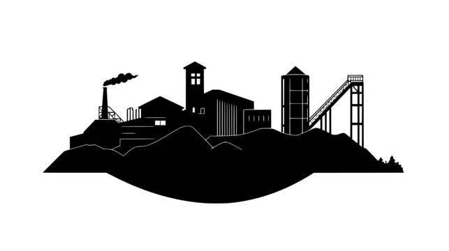 Coal mine with headframes, mine shafts, and processing facilities distributed throughout the landscape, vector illustration art