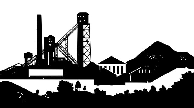 Coal mine with headframes, mine shafts, and processing facilities distributed throughout the landscape, vector illustration art