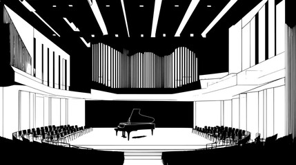 Concert hall with tiered seating, orchestra pit, and acoustically designed walls, vector illustration art