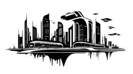 Futuristic urban area with innovative transportation hubs and cutting-edge building designs, vector illustration art