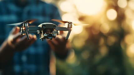 Close-Up of Drone Hovering with Operator in Background