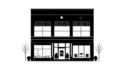 Downtown building with ground-floor cafes, retail shops, and office space above, vector illustration art