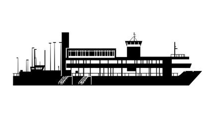 Ferry terminal with docking areas, main building, and visible loading ramps, vector illustration art