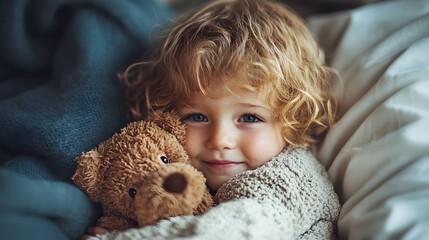 Cute Child Snuggling with Teddy Bear Under a Blanket